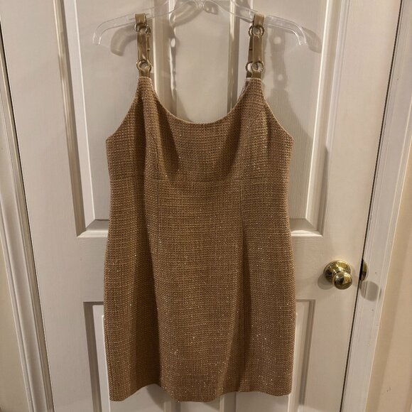 Boston Proper Tan/Gold Shimmer Cocktail Dress with Gold Rings on Straps Size:10 - Picture 1 of 4